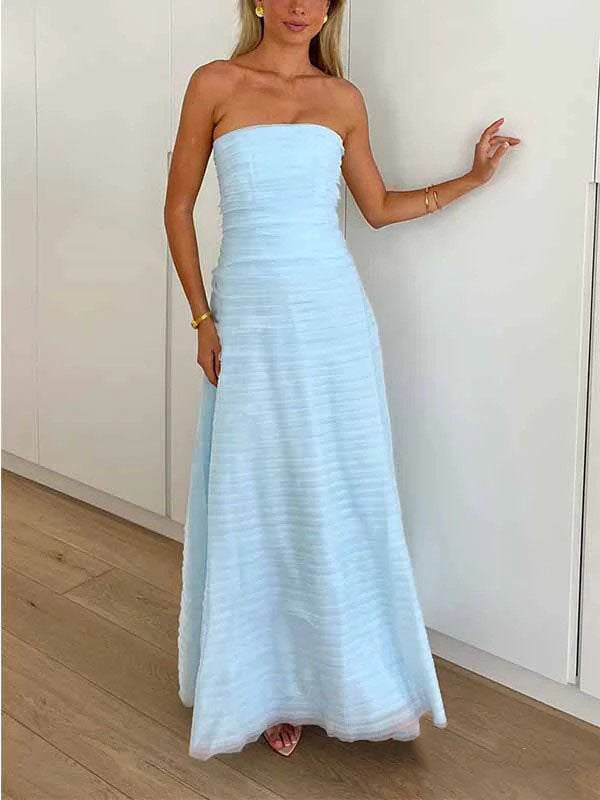Elegant Light Blue Pleats Strapless A-line Long Prom Dress