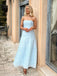 Elegant Light Blue Pleats Strapless A-line Long Prom Dress