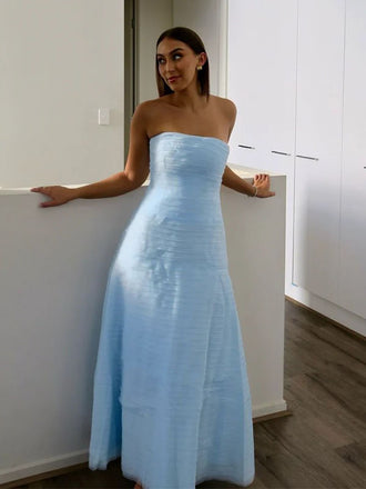 Elegant Light Blue Pleats Strapless A-line Long Prom Dress