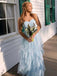 Elegant Light Blue Tulle Sweetheart Strapless A-line Long Prom Dress