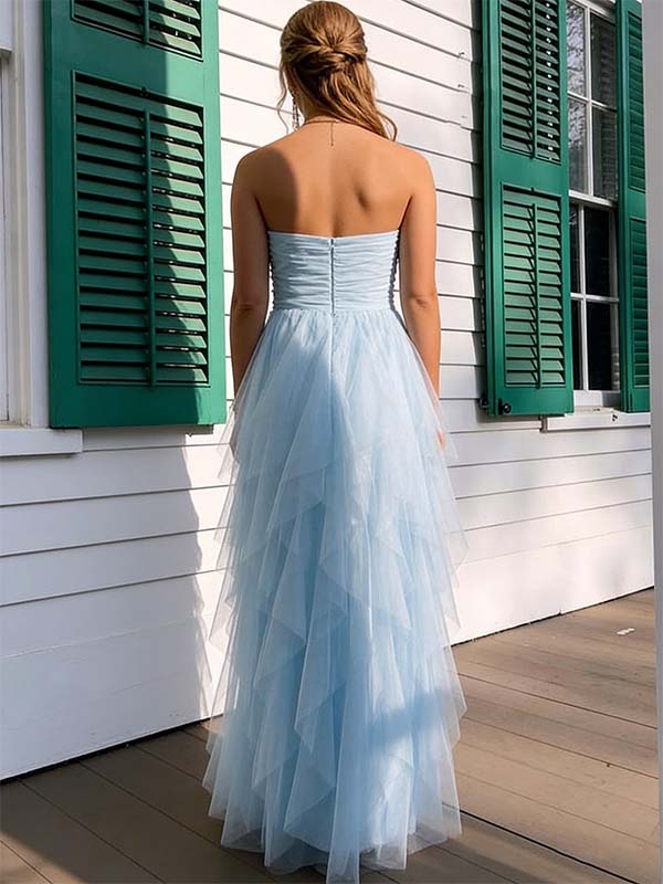 Elegant Light Blue Tulle Sweetheart Strapless A-line Long Prom Dress