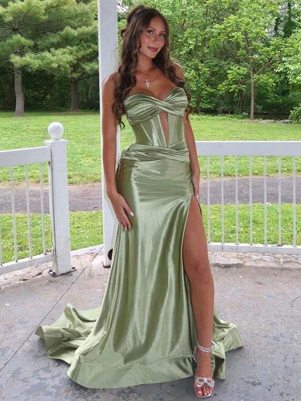 Elegant Olive Green Satin Sweetheart Crisscross Lace-Up Side Slit Mermaid Maxi Prom Dress