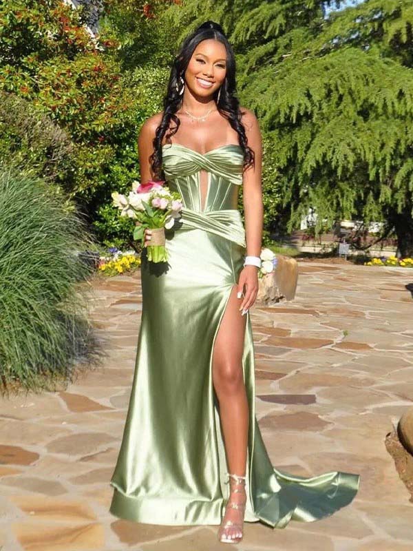 Elegant Olive Green Satin Sweetheart Crisscross Lace-Up Side Slit Mermaid Maxi Prom Dress