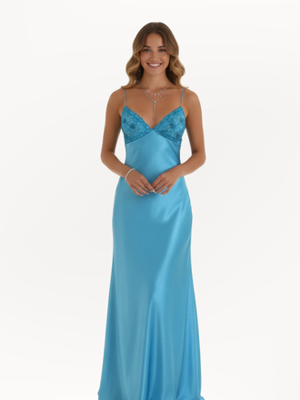 Elegant Satin Blue V-neck Spaghetti Strap Lace With Beaded Mermaid Long Prom Dress,Wedding Guest Dress