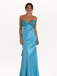 Elegant Satin Blue V-neck Spaghetti Strap Lace With Beaded Mermaid Long Prom Dress,Wedding Guest Dress