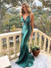 Elegant Satin Green V-neck Spaghetti Strap Lace Up Mermaid Long Prom Dress