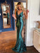 Elegant Satin Green V-neck Spaghetti Strap Lace Up Mermaid Long Prom Dress
