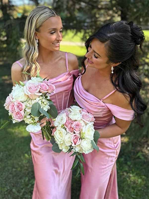 Elegant Satin Pink Off the Shoud Spaghetti Strap See Though Side Slit Mermaid Bridemaid Dress