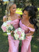 Elegant Satin Pink Off the Shoud Spaghetti Strap See Though Side Slit Mermaid Bridemaid Dress