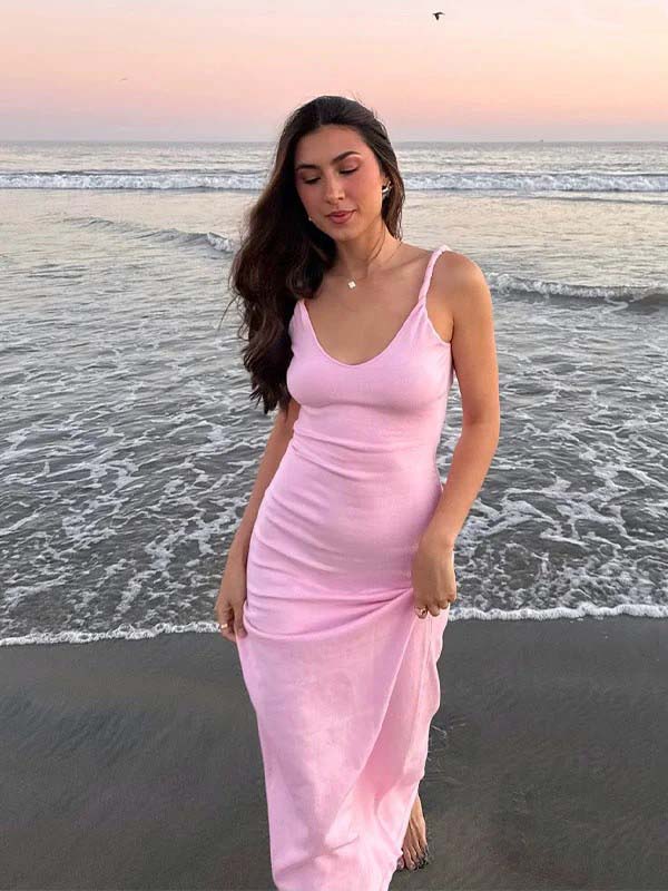 Elegant Satin Pink V-neck Backless Spaghetti Strap Mermaid Long Prom Dress