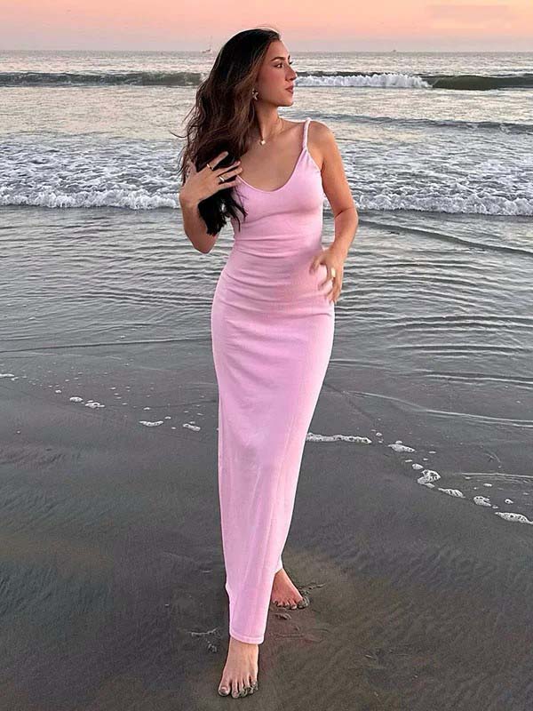 Elegant Satin Pink V-neck Backless Spaghetti Strap Mermaid Long Prom Dress