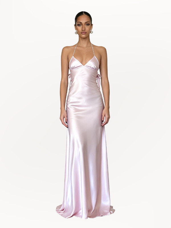 Elegant Satin Pink V-neck Spaghetti Strap Lace Up Mermaid Long Prom Dress