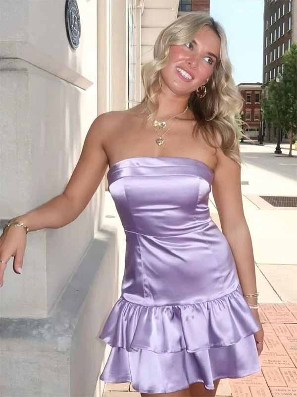 Elegant Satin Purple Square Strapless A-line Short Mini Dress Homecoming Dress