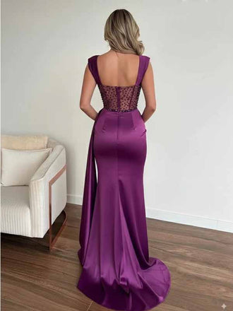 Elegant Satin Purple Square Straps See Through Beaded Side Slit Mermaid Long Prom Dress