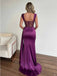 Elegant Satin Purple Square Straps See Through Beaded Side Slit Mermaid Long Prom Dress