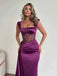 Elegant Satin Purple Square Straps See Through Beaded Side Slit Mermaid Long Prom Dress