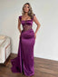 Elegant Satin Purple Square Straps See Through Beaded Side Slit Mermaid Long Prom Dress