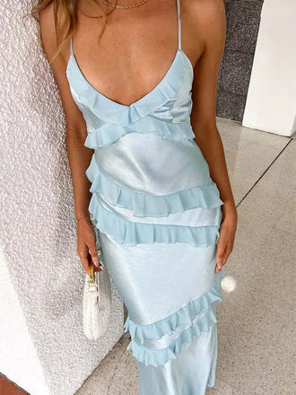 Elegant Satin Sky Blue V-neck Spaghetti Strap Ruffles Lace Up Mermaid Long Prom Dress