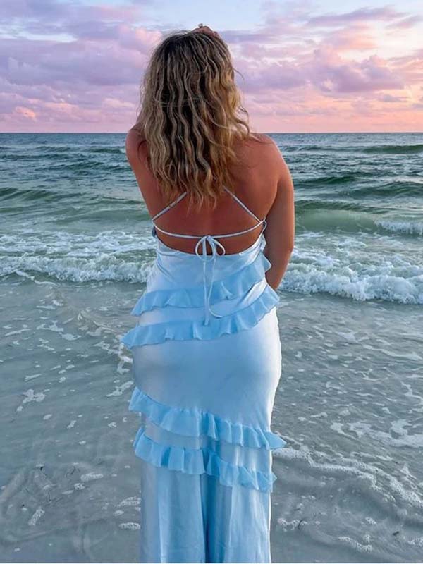 Elegant Satin Sky Blue V-neck Spaghetti Strap Ruffles Lace Up Mermaid Long Prom Dress