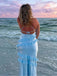 Elegant Satin Sky Blue V-neck Spaghetti Strap Ruffles Lace Up Mermaid Long Prom Dress