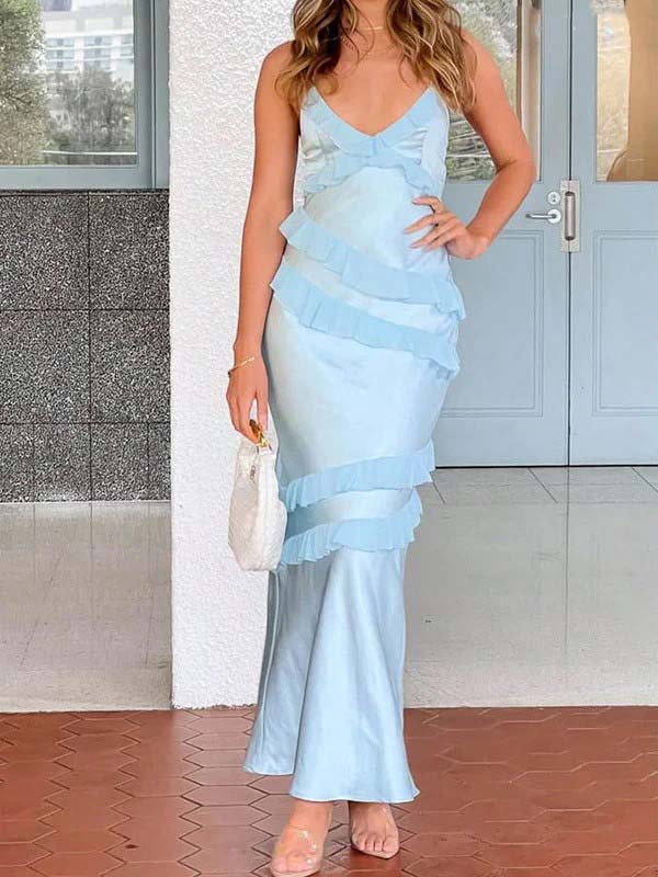 Elegant Satin Sky Blue V-neck Spaghetti Strap Ruffles Lace Up Mermaid Long Prom Dress