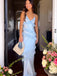 Elegant Satin Sky Blue V-neck Spaghetti Strap Ruffles Lace Up Mermaid Long Prom Dress