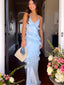 Elegant Satin Sky Blue V-neck Spaghetti Strap Ruffles Lace Up Mermaid Long Prom Dress