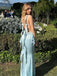 Elegant Satin Square Spaghetti Strap Back Slit Backless Mermaid Long Prom Dress
