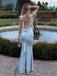 Elegant Satin Square Spaghetti Strap Back Slit Backless Mermaid Long Prom Dress