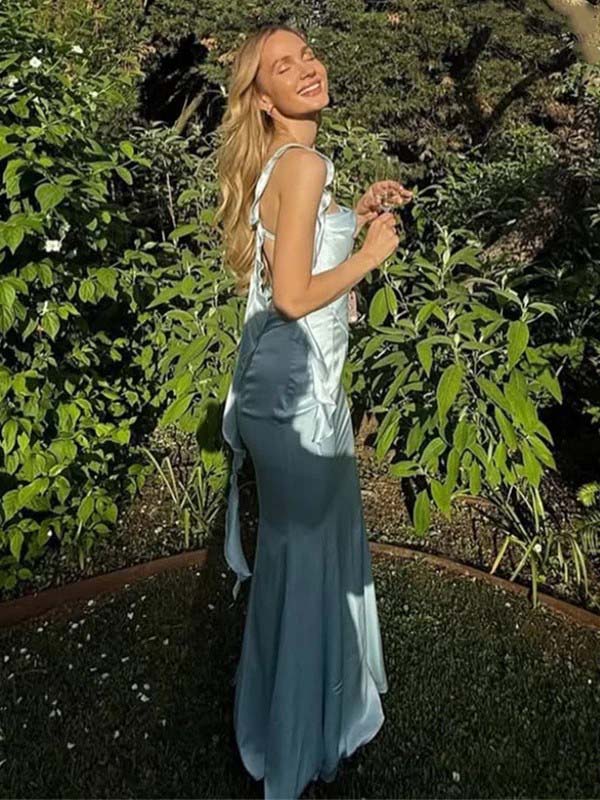 Elegant Satin Square Spaghetti Strap Back Slit Backless Mermaid Long Prom Dress