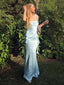 Elegant Satin Square Spaghetti Strap Back Slit Backless Mermaid Long Prom Dress