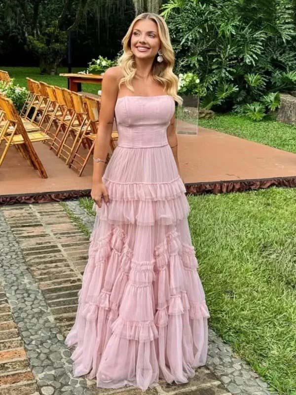 Elegant Tulle Princess Pink Strapless A-line Long Prom Dress