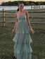Chic Malachite Green Chiffon Strapless A-line Prom Dress with Sweetheart Neckline & Multi-layer Skirt