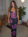 Black & Purple Rose Print Satin Spaghetti Strap Mermaid  Prom Dress