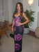 Black & Purple Rose Print Satin Spaghetti Strap Mermaid  Prom Dress