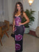 Black & Purple Rose Print Satin Spaghetti Strap Mermaid  Prom Dress