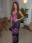 Black & Purple Rose Print Satin Spaghetti Strap Mermaid  Prom Dress