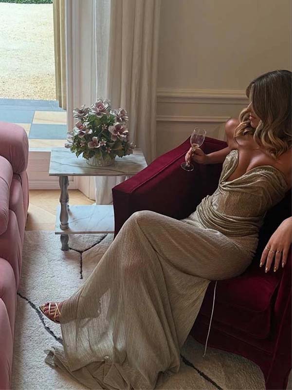 Champagne Sequin Ruched Strapless High-Slit Mermaid Floral Evening Dress