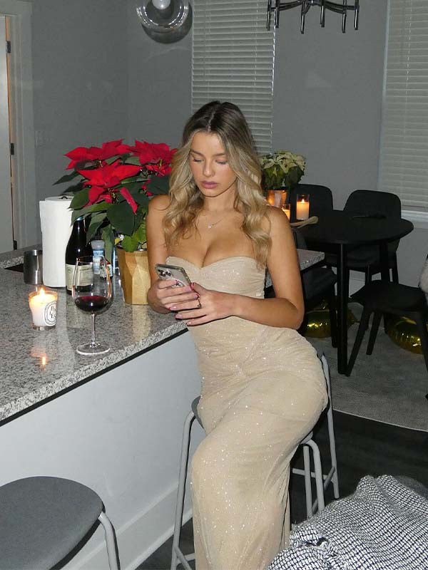 Champagne Sequin Strapless Bodycon Mermaid Holiday Formal Gown