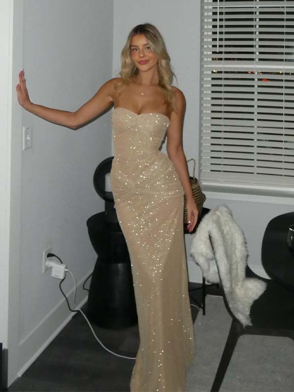 Champagne Sequin Strapless Bodycon Mermaid Holiday Formal Gown