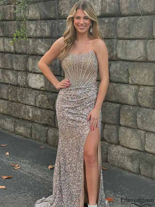 Etherealgown-Champagne Sequin V-neck Strapless Beaded Mermaid Side Slit Evening Gown
