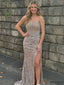 Champagne Sequin V-neck Strapless Beaded Mermaid Side Slit Evening Gown