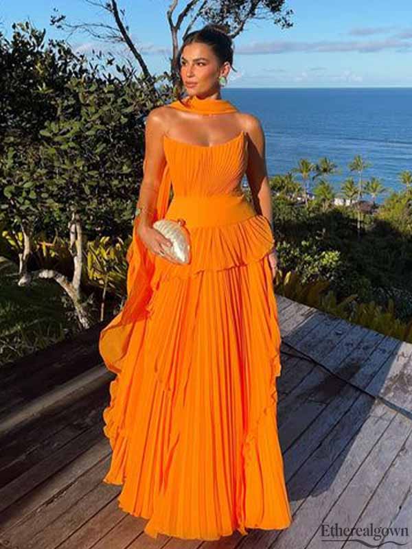 Etherealgown-Charming Tangerine V-neck Pleated Chiffon Strapless Halter A-line Formal Dress