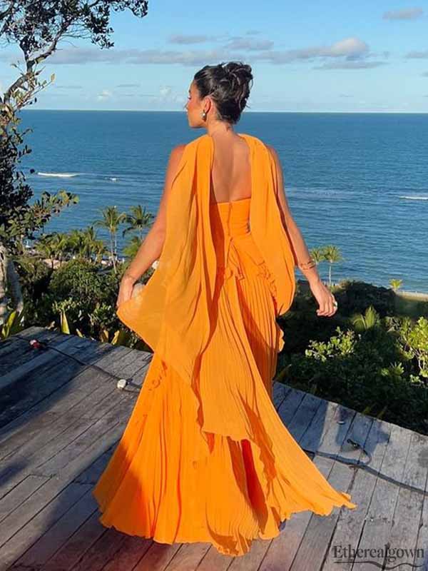 Etherealgown-Charming Tangerine V-neck Pleated Chiffon Strapless Halter A-line Formal Dress
