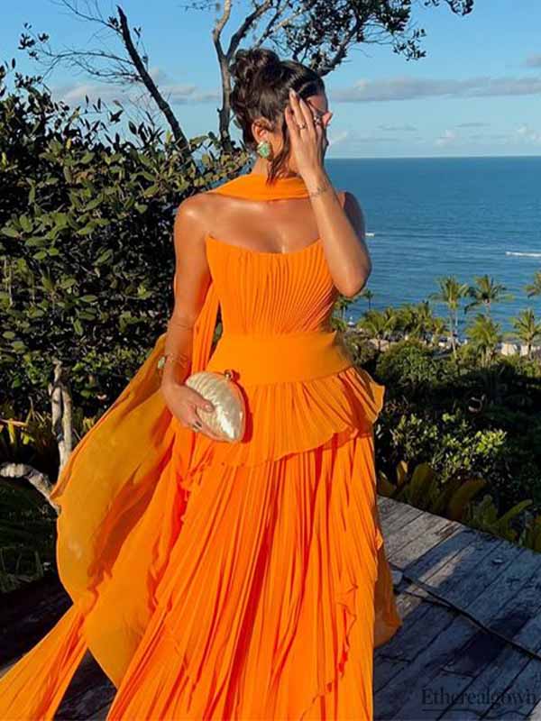 Etherealgown-Charming Tangerine V-neck Pleated Chiffon Strapless Halter A-line Formal Dress