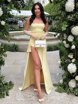 Chic Buttercup Yellow Satin Strap High-Slit Pleats Mermaid Long Prom Dress