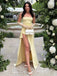 Chic Buttercup Yellow Satin Strap High-Slit Pleats Mermaid Long Prom Dress