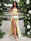 Chic Buttercup Yellow Satin Strap High-Slit Pleats Mermaid Long Prom Dress