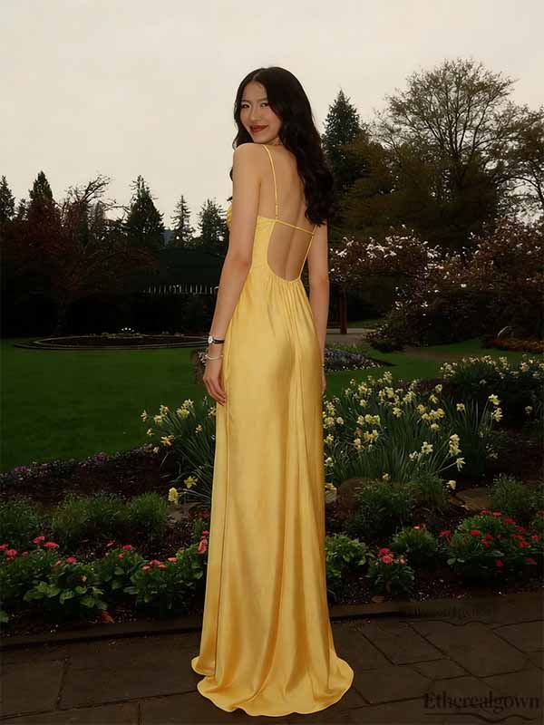 Etherealgown-Chic Buttercup Yellow Satin Sweetheart Spaghetti Strap Open Back Evening Gown