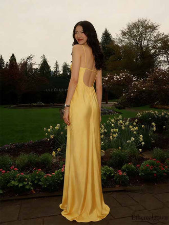 Etherealgown-Chic Buttercup Yellow Satin Sweetheart Spaghetti Strap Open Back Evening Gown
